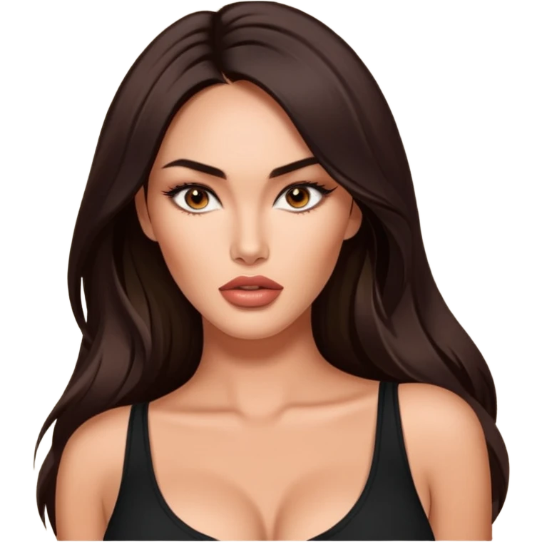 Megan fox, fashion model Beautiful woman model adult   large breasts  with monolid narrow dark brown eyes tan  skin, full lips  long hair model with black top   emoji