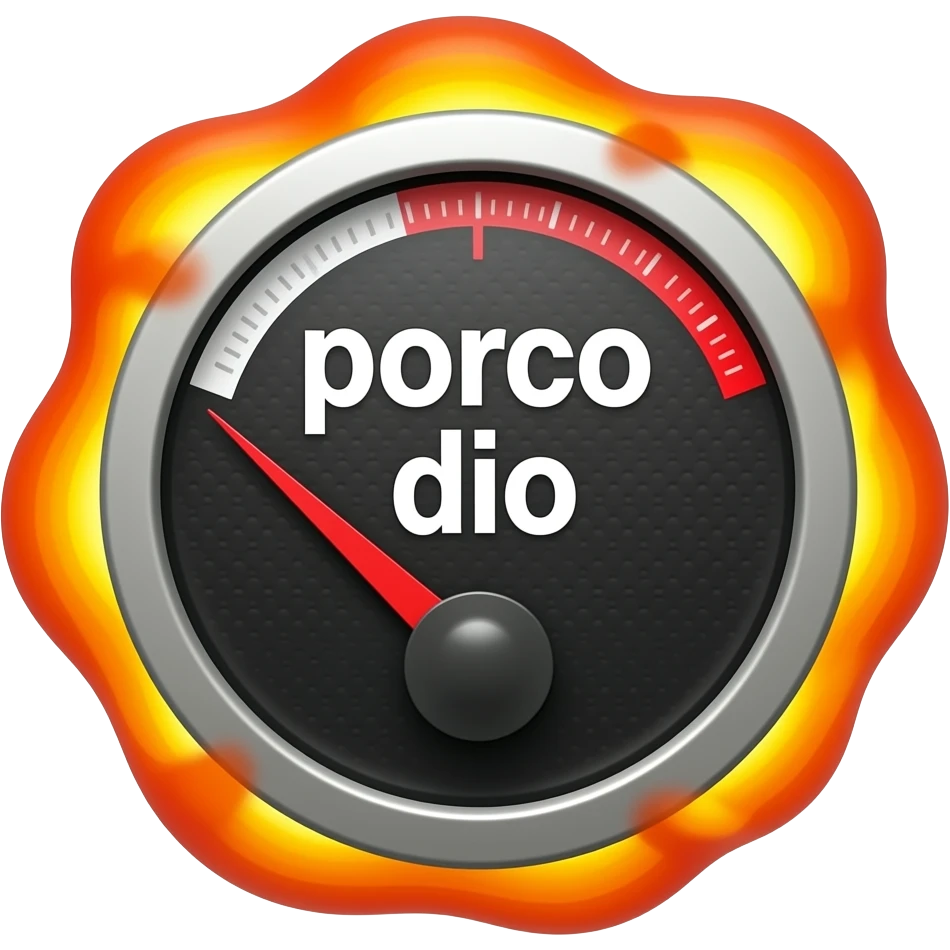 text large font size "porco dio", on a meter, no values, only white to red display, meter to the max red, explosion, fire emoji