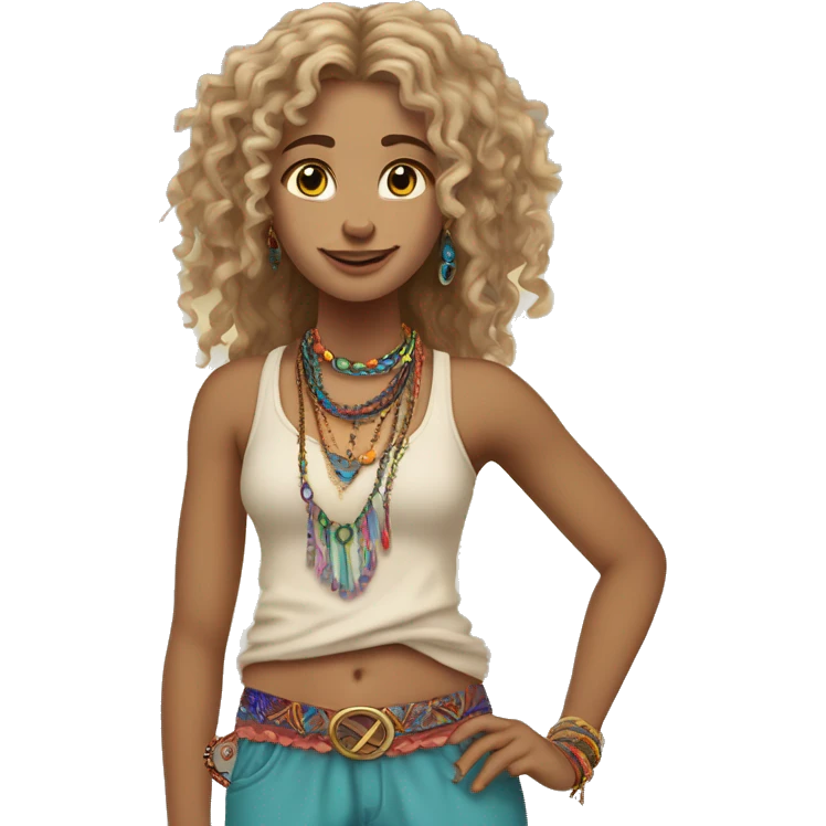 Caucasian hippie girl with curly dirty blonde hair, hazel eyes, baggy colorful pants and a tank top, lots of bohemian bracelets and jewelry emoji