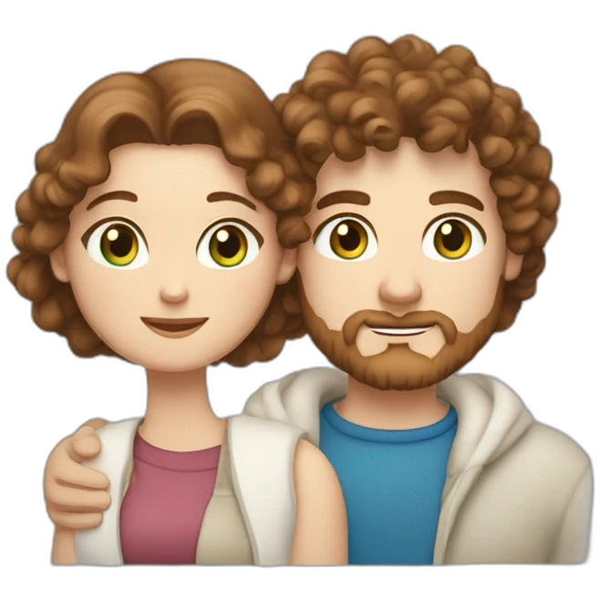 Couple, hugging, white European man with brown curly hair and blue eyes. chubby wphite woman with long light brown curly hair and blue-green eyes. emoji