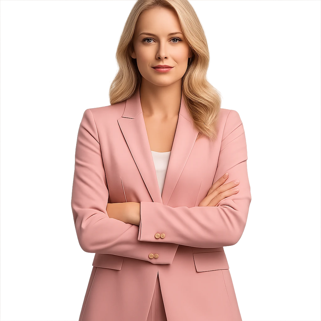 blonde businesswoman in a pink suit, standing with arms crossed emoji