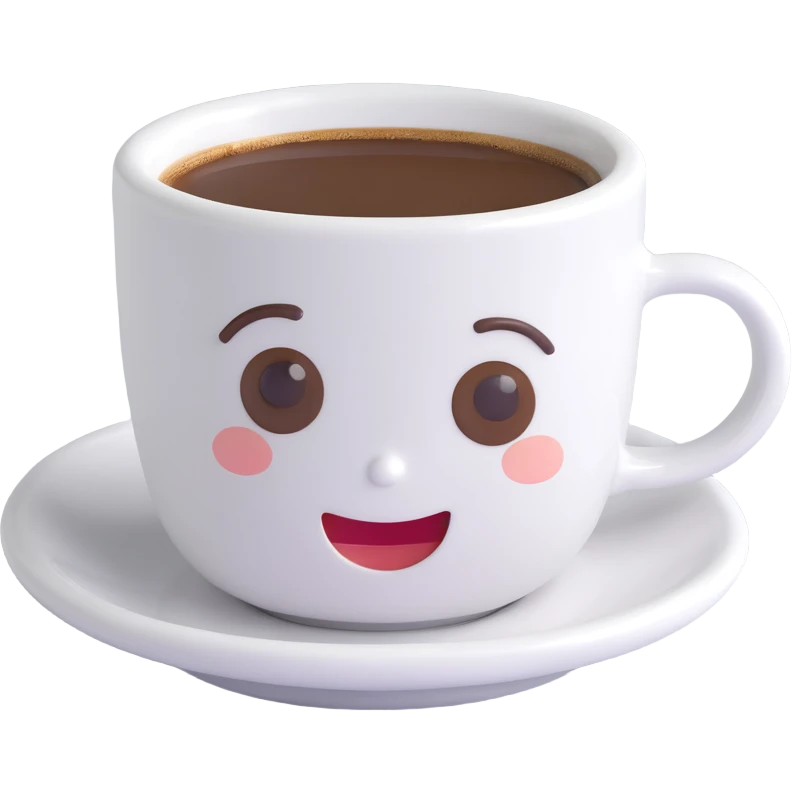 3D emoji style small white espresso cup with dark espresso and cute face emoji