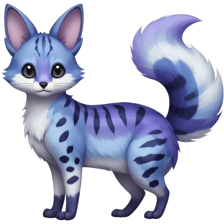  dull-colored gloomy-dark-deep-grayish-indigo-violet-gradients ghostly spectral spooky fur with random dark markings beautiful elegant pretty precious cute  Fakémon-Pokémon-opossum-feline-serval-caracal-chinchilla-Furret-Minccino-hybrid-creature with a big fluffy bushy tail (full body) emoji