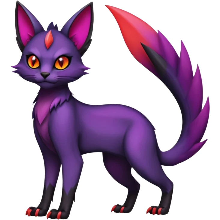 Black edgy Noivern-Noibat-Purloin-Torracat-Lykoi-Caracal-cat-Fakemon-fusion-hybrid-creature with violet and red scale markings emoji