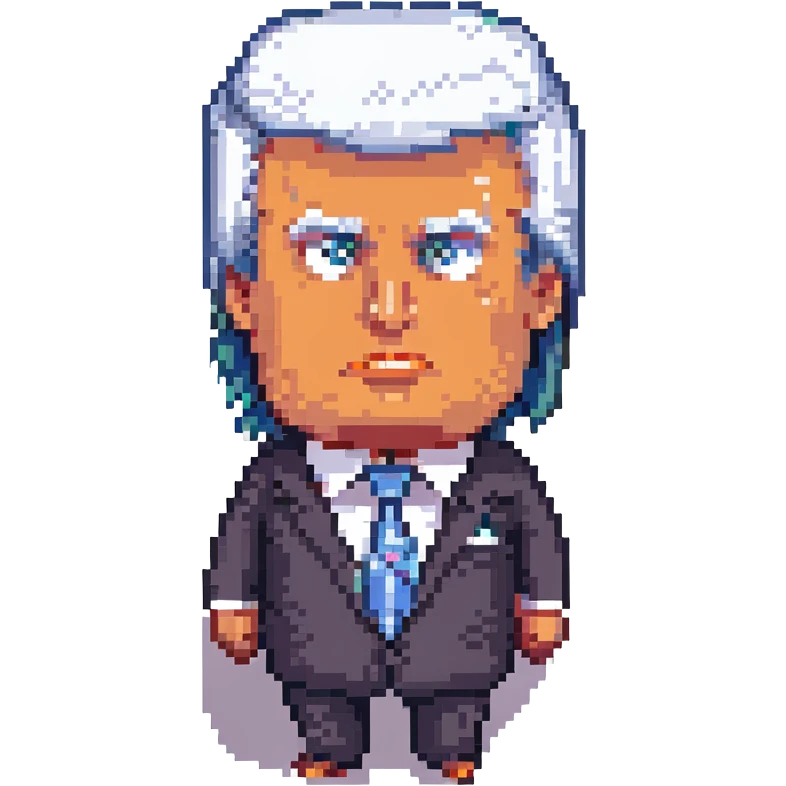 pixel art Donald Trump, exaggerated hair, suit and tie, cartoonish, no text emoji