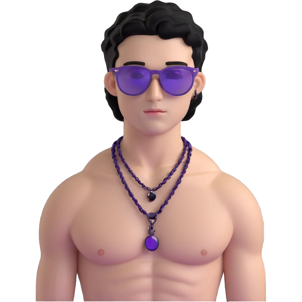shirtless male athlete with white skin and moderately curly black hair on top with shaved sides, wearing purple sunglasses with very dark heavily tinted black lenses, and a simple plain black chain necklace, no earrings or other jewelry emoji