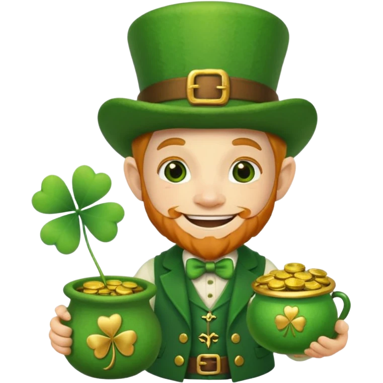 leprechaun with a pot of gold and holding a four leaf clover  emoji