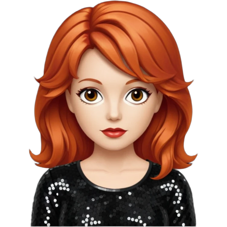Lee Purcell with medium red hair,  black sequin outfit  emoji
