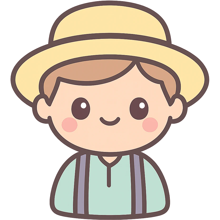 cute kawaii style emoji of an Amish boy in a straw hat and suspenders, smiling emoji