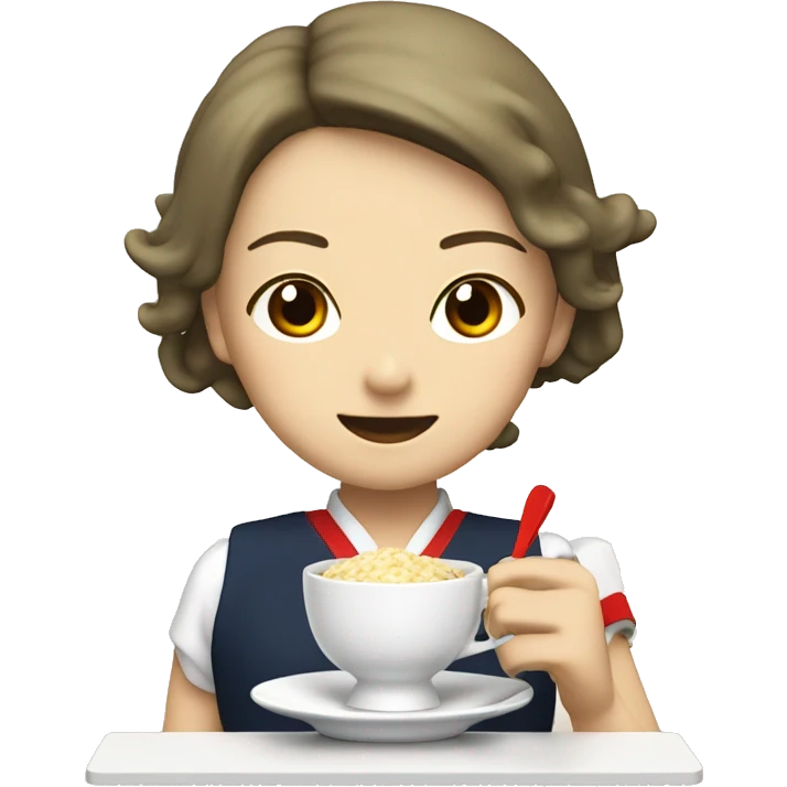 Women eating risotto and drinking tea wearing school uniform with japanese kanji and with red big shoes on his foot emoji