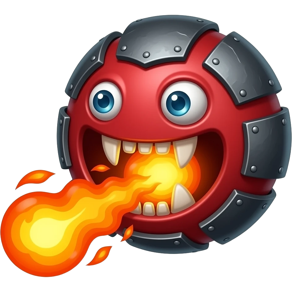A red floating round sime-ball-like monster with charcoal armor plates and a furnace-hot jaw. It spits fireballs and snaps with explosive bursts of heat. No platform. emoji
