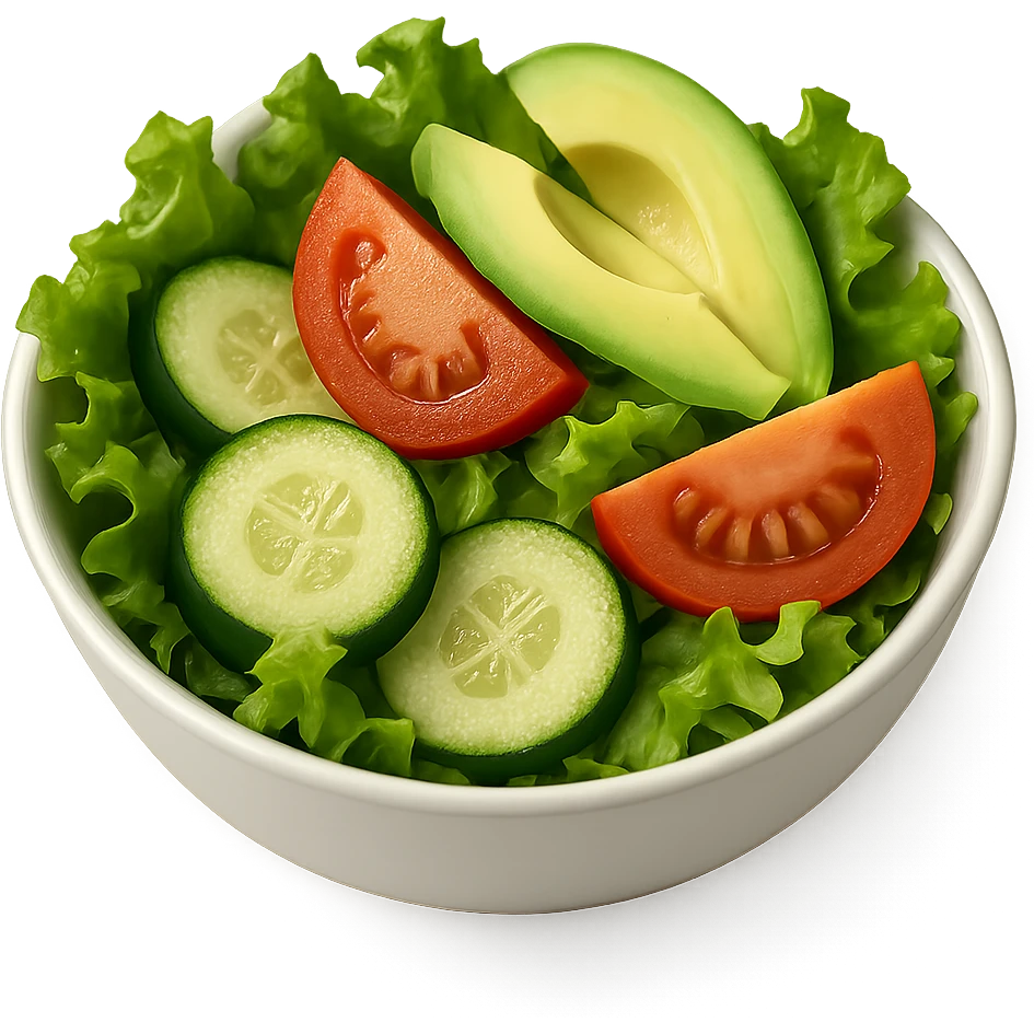fresh, colorful salad in a small white bowl, with visible lettuce, tomato, cucumber, and avocado slices, clean, uncluttered look emoji