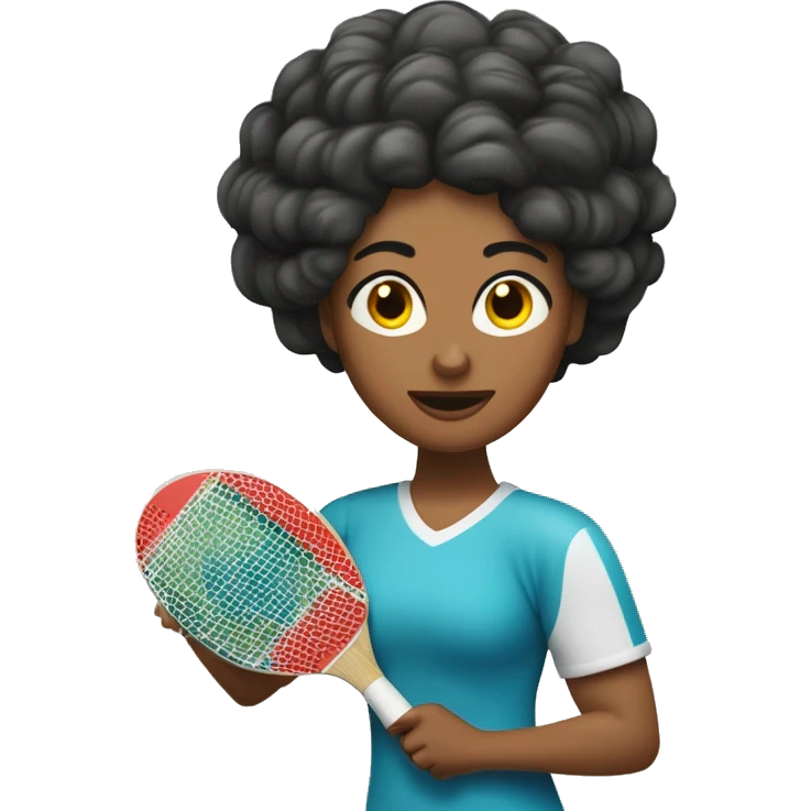 Deportista mujer de ping pong, con cabello rizado, tiene una prótesis en la pierna derecha y en el brazo derecho emoji