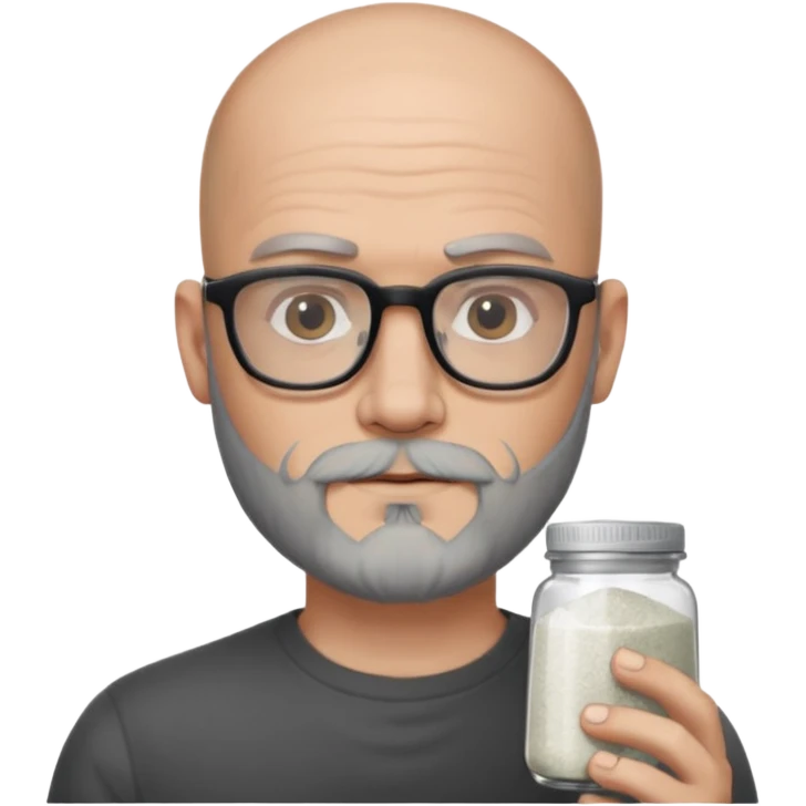 Bald man with salt and pepper beard and rectangle glasses and shoulder tattoos  emoji