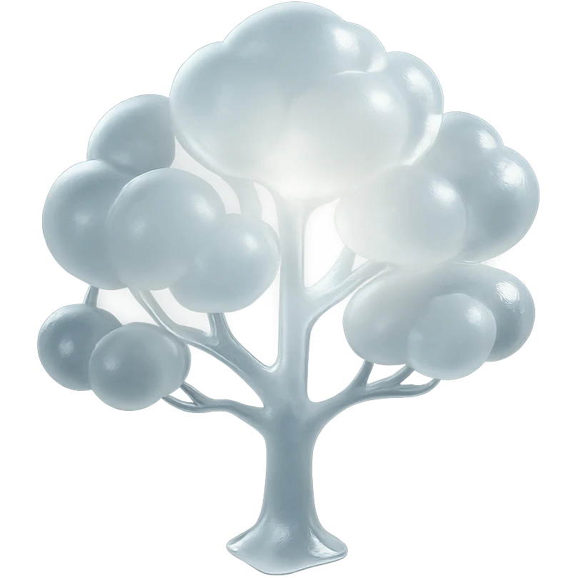 one tree with many branches and a trunk made of small very bright white fluffy convex clouds, matte glass style emoji