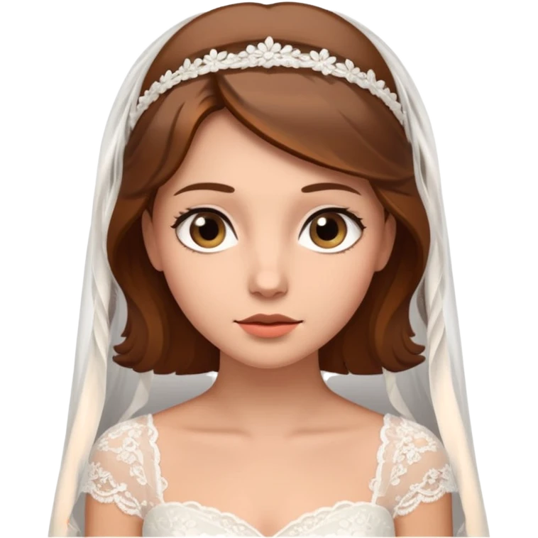 brown-haired bride in a white wedding dress and veil, curious expression, emoji