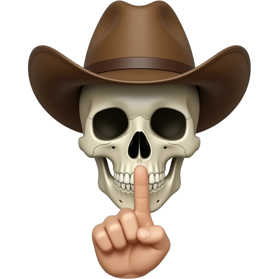 Cowboy Skull with his index finger to his lips, shhhh, hand facing inward emoji