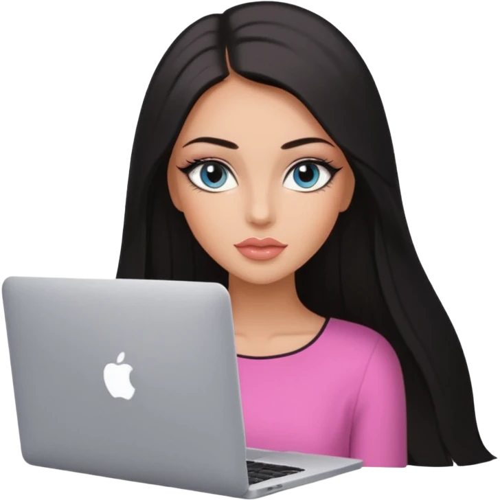 Glamours, tanned, very beautiful girl, with big pump peach-beige-rose lips, eyeliner, long long lashes, black straight smooth silky long hair, straight parting hair, blue-grey eyes with macbook emoji
