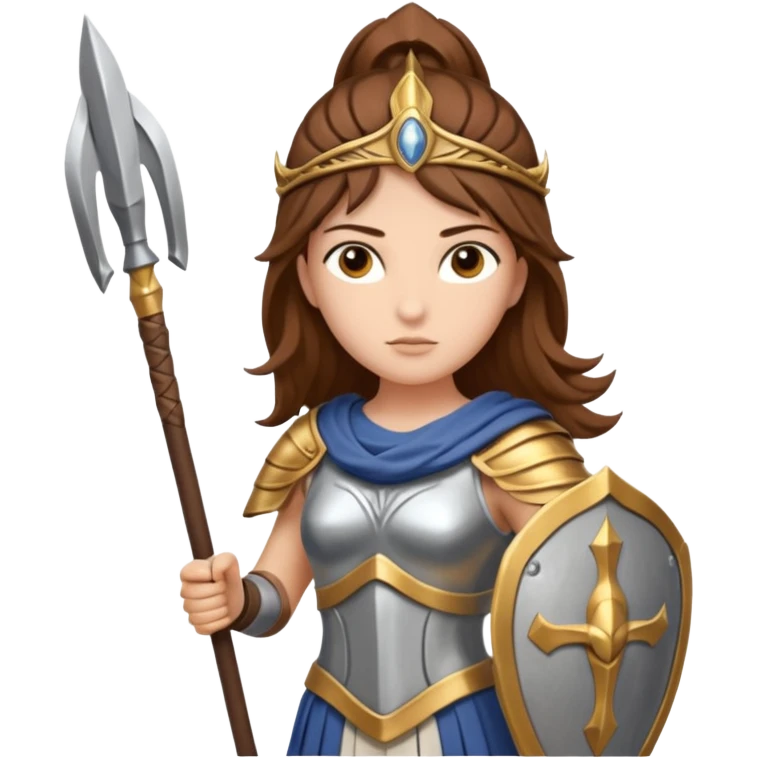 brown haired Athena the Greek goddess of disciplined, strategic warfare, calm, commanding figure leading with intelligence not force. wears light armour carries a spear, symbolising protection precise judgement. strategy, not aggression, embodying clarity, foresight and decisive action. emoji
