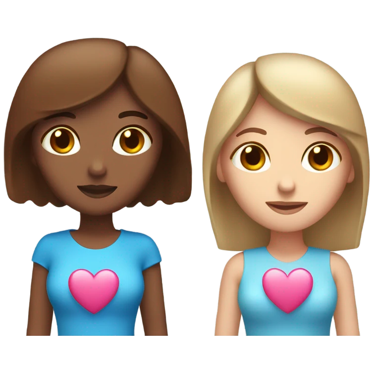 two ladies in love with a heart. the one on the left is a white lady with blue eyes and a brown bob with a pink shirt. the second is a venezuelan lady with brown eyes and dark brown hair with a red dress emoji
