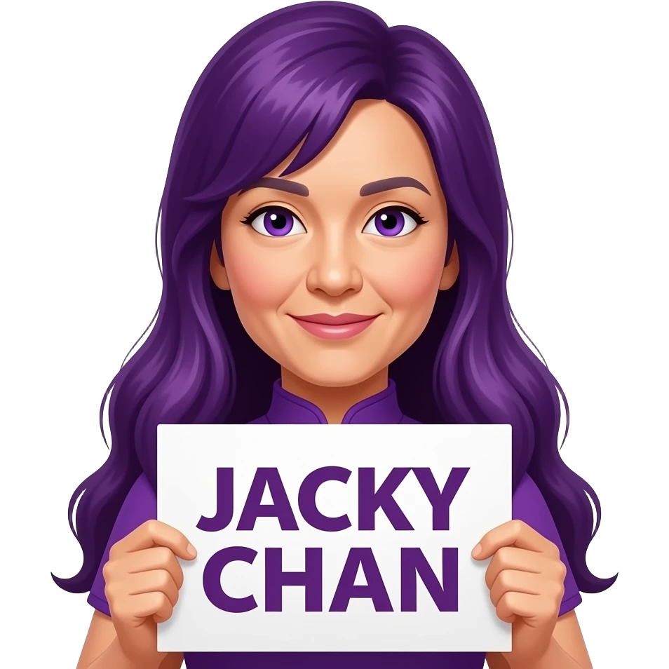 sexy girl with long purple hair and purple eyes holding JACKY CHAN sign emoji
