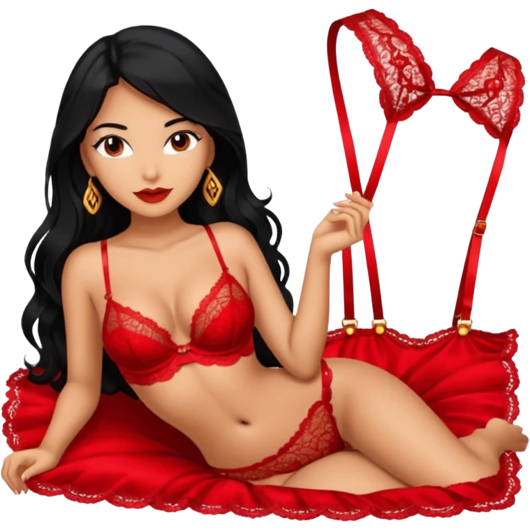 A Latina woman in a red lingerie, long black hair emoji