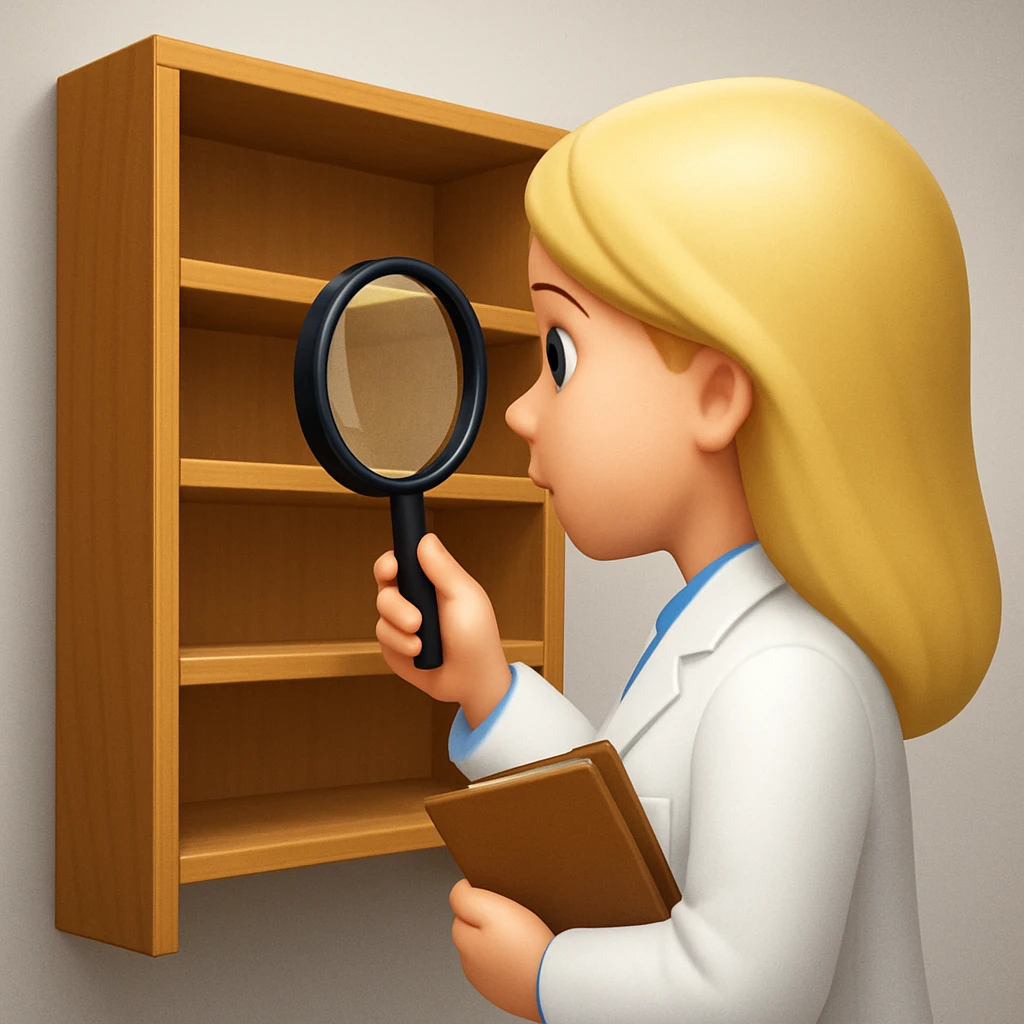 emoji of white empty shelf in perspective view with a standing woman nearby, she is looking at the shelfs with a magnifying glass, she is turned to the shelfs, emoji style, adjust the perspective to be more dramatic emoji