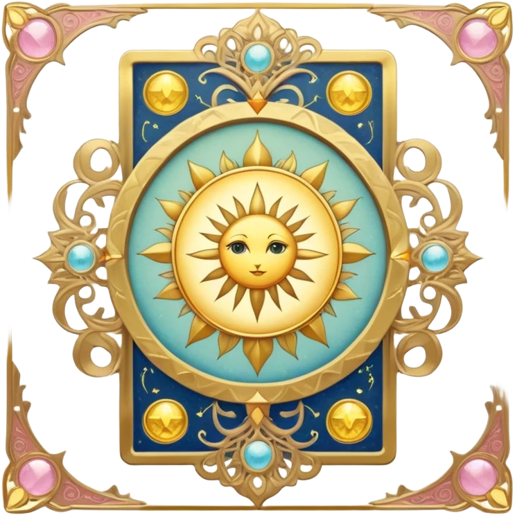 magical tarot-like card inspired by the Clow Cards from Cardcaptor Sakura. The card has ornate golden borders, a sun or moon symbol at the top, and a mysterious illustration in the center. The background is a soft, enchanted pastel tone. emoji