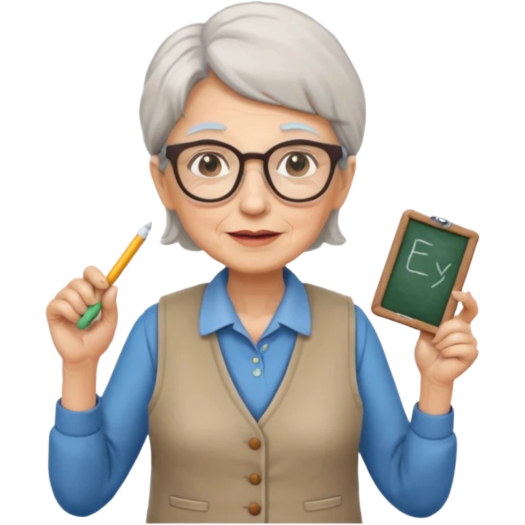 woman teacher, old, wearing vest, wearing glasses, hold chalk on their hand emoji