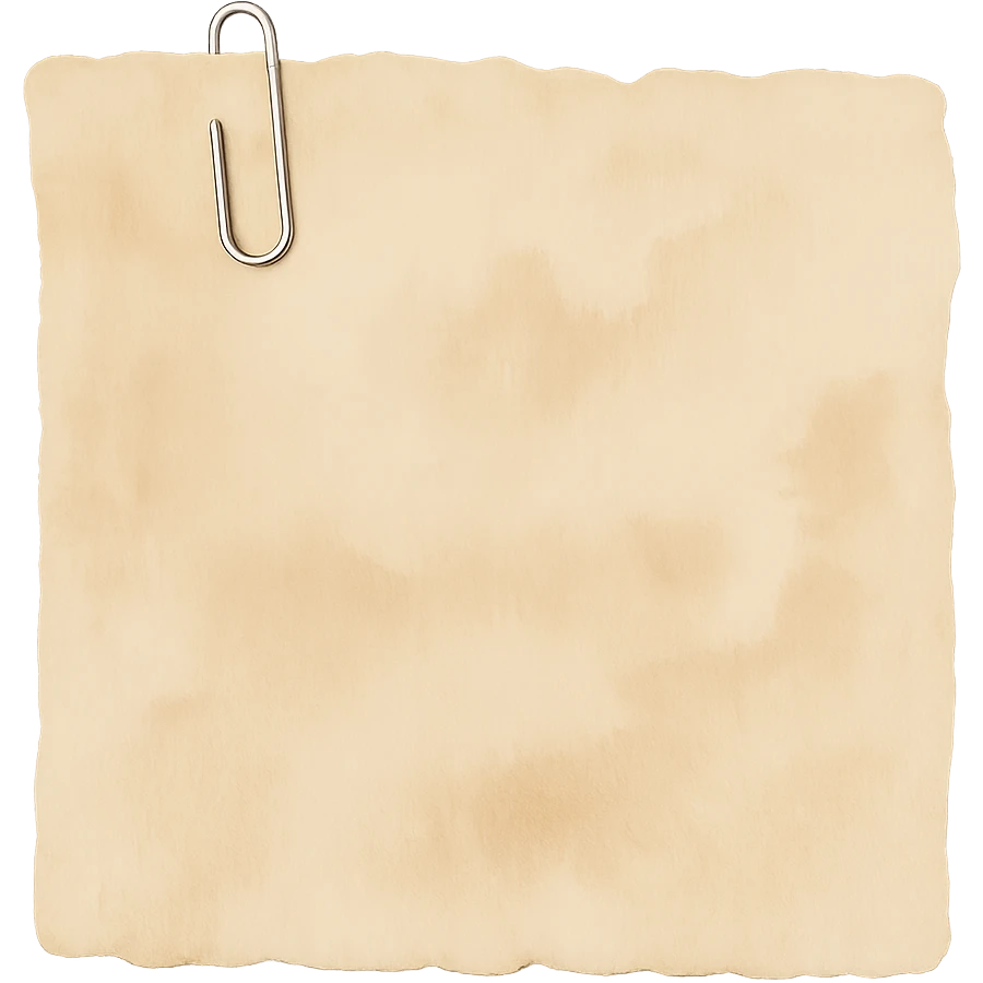 Add a realistic silver paperclip accent to the faded beige torn notebook paper scrap. Keep the watercolor texture and transparent background. No face, no hands, no legs, no characters. The paper scrap has a faded beige color and torn edges. emoji