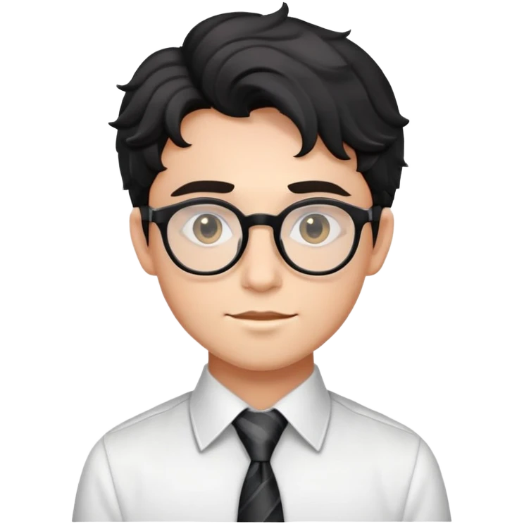 Young man with black wavy hair, round glasses, dressed for theater in smart casual outfit with dress shirt and tie emoji