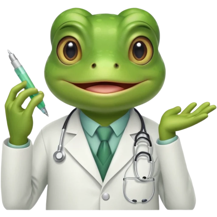 A frog in a doctor’s coat, happily examining a patient, portrait emoji