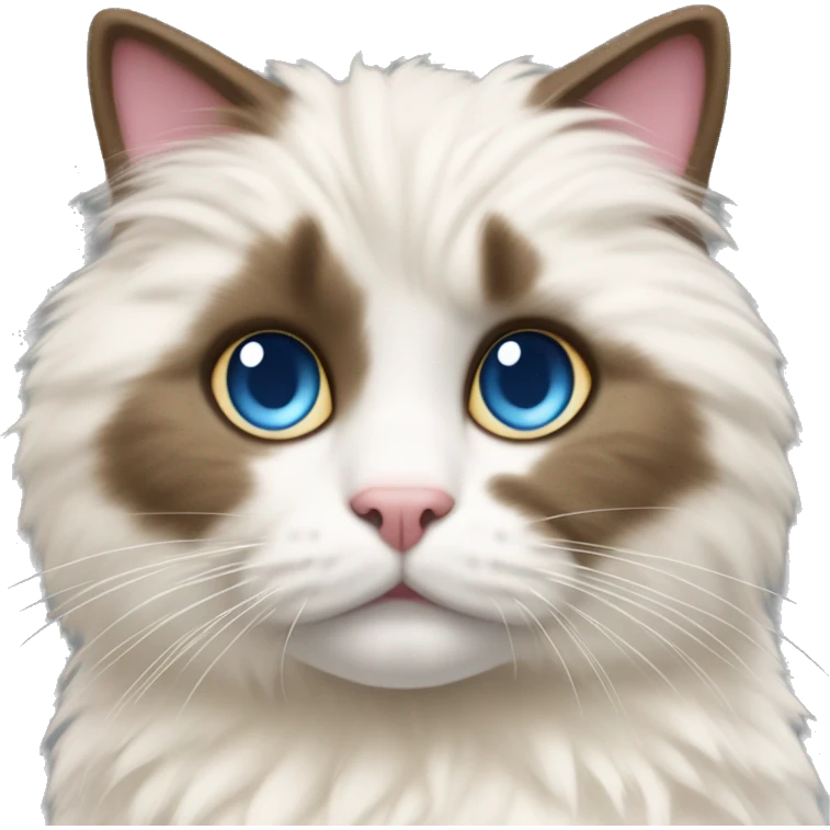 cat with blue eyes, white fur on the belly and eyes and beige fur on the rest of the body accompanied by brown stripes, half black half pink snout emoji