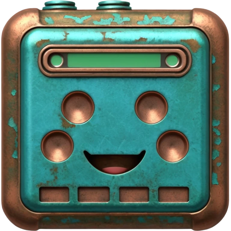 3D render of Battery Terminal, heavily oxidized copper texture, verdigris patina, Metal contact with blue/green powder corrosion, weathered bronze aesthetic, ancient decay, emoji style, isolated on white background --v 6.0. emoji
