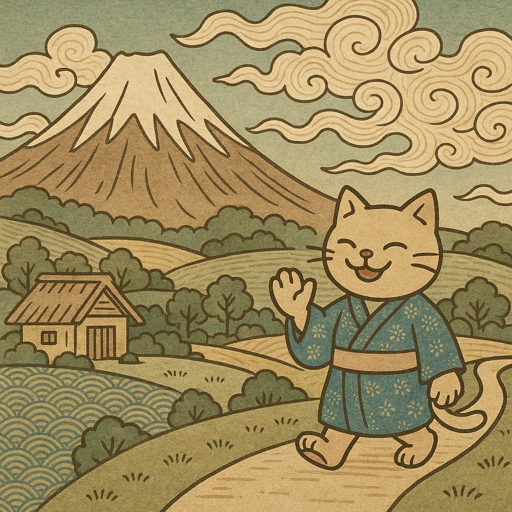 Mount Fuji with clouds, ukiyo-e style illustration emoji