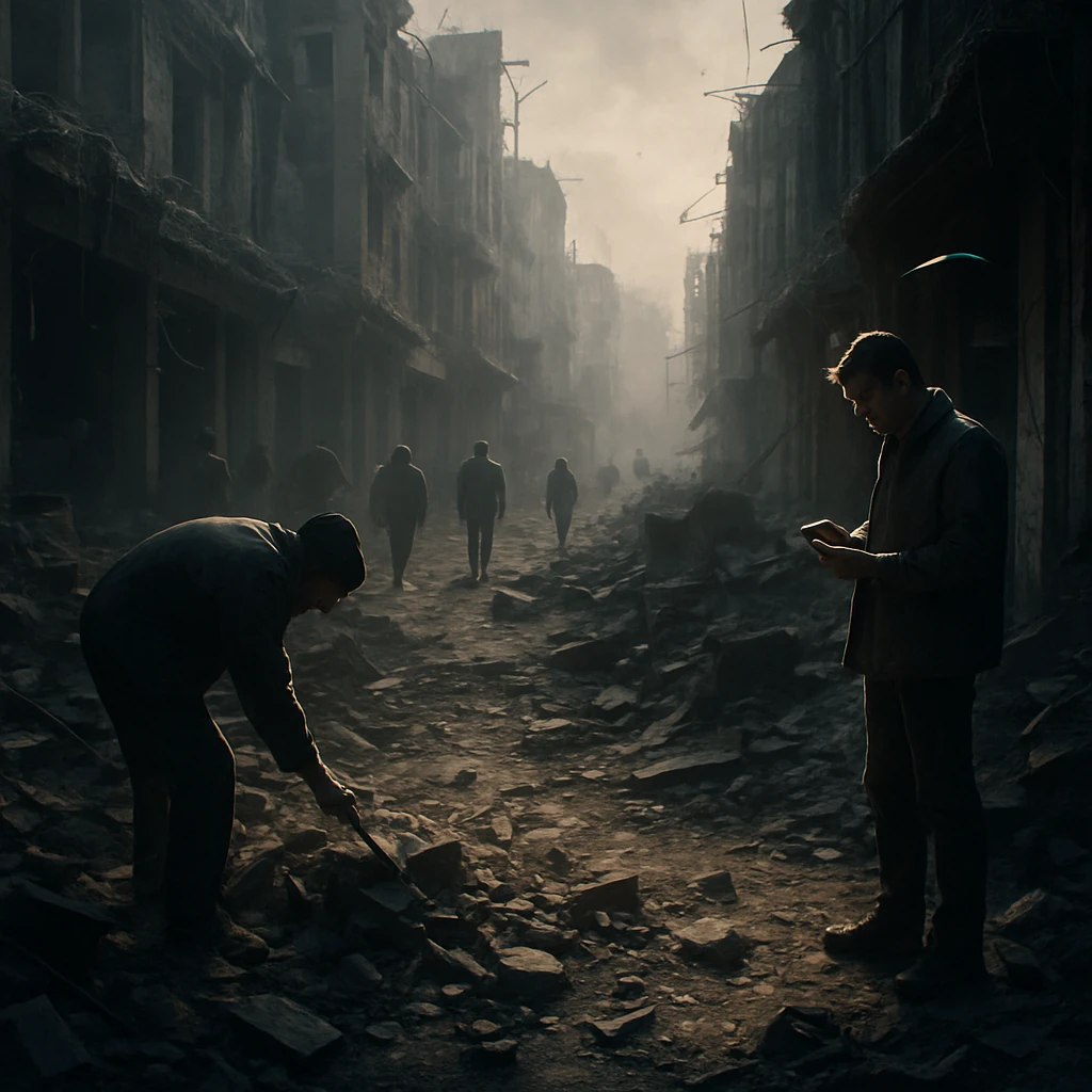 A group in a ruined city street, most people ignoring the destruction, two individuals picking up debris or studying the damage. Lighting highlights the two, others in shadow. Conceptual, symbolic, cinematic, emotionally charged, hyperrealistic 4K. emoji