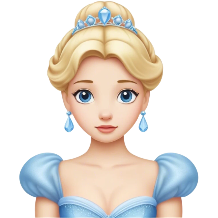 Cinematic Elegant Cinderella Portrait Emoji, rendered in a realistic, vector-style with minimal shading and bold, simplified shapes. Depict Cinderella in her classic ball gown (chest and above) with fair, porcelain skin and elegantly styled blonde hair, her eyes soft and kind, and her expression serene and graceful. The design glows with a gentle, enchanting radiance and high shine, capturing the timeless beauty of a fairy tale princess. emoji