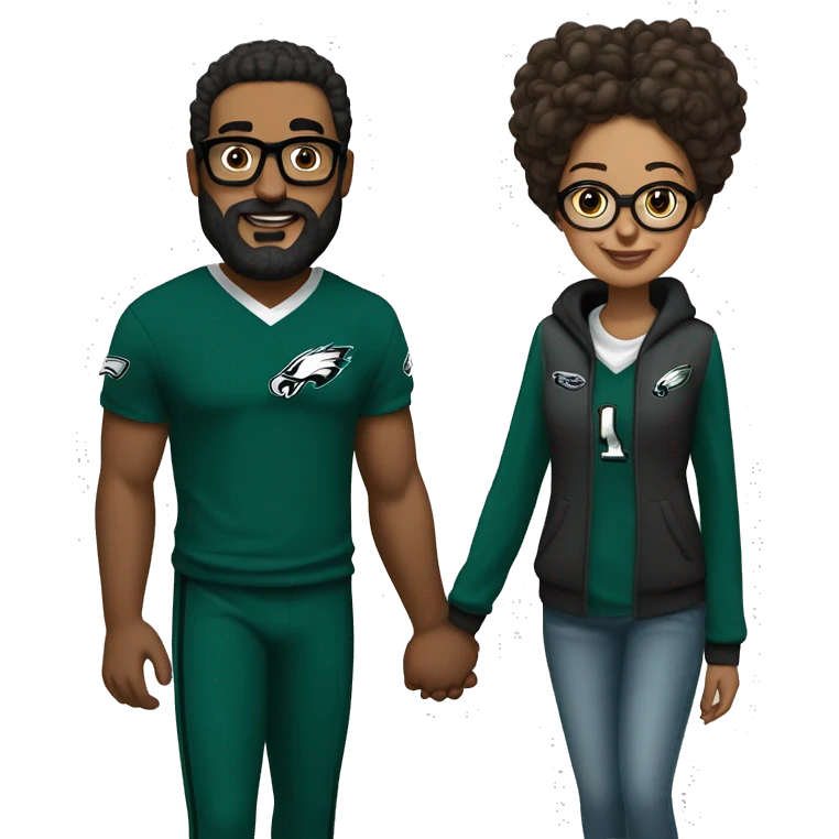 Stalky Brown guy with beard mustache and brown girl with glasses and her hair in a bun in Philadelphia eagles clothes holding hands emoji
