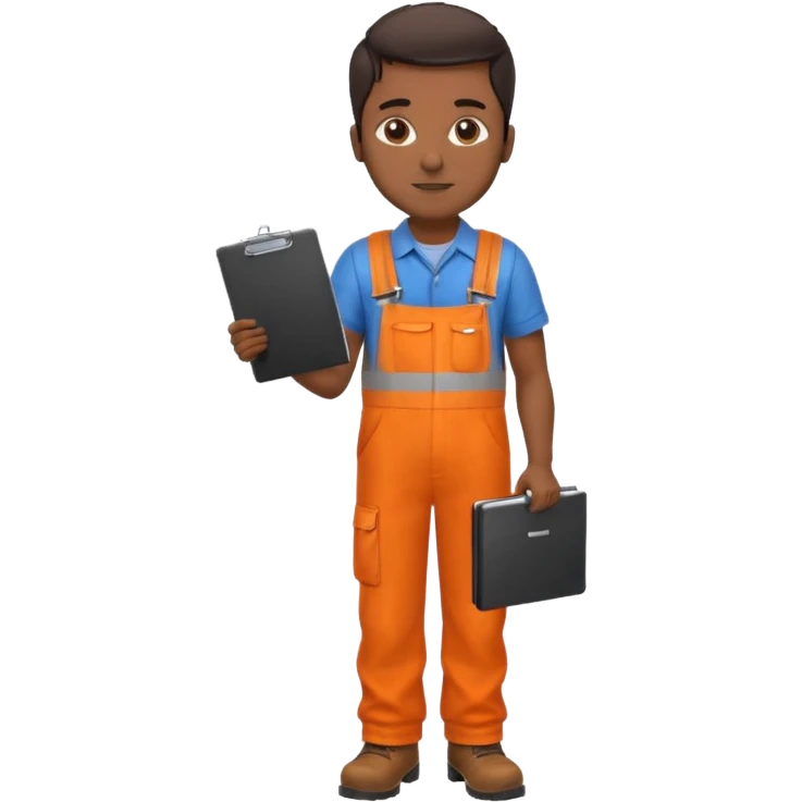 Indian male railway engineer orange overalls, boots holding a clipboard in one hand emoji