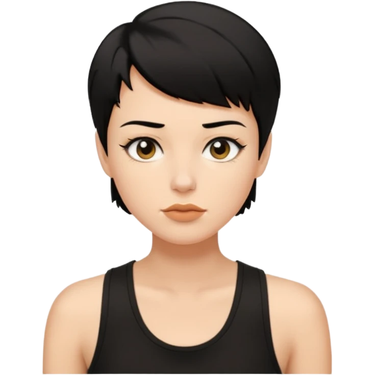 a white woman with short tomboy black hair with beauty spot on top of her lip wearing men's black tank top emoji