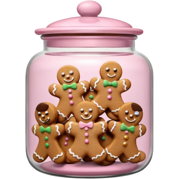 Realistic glass cookie jar with light pink lid full of gingerbread cookies isolated emoji