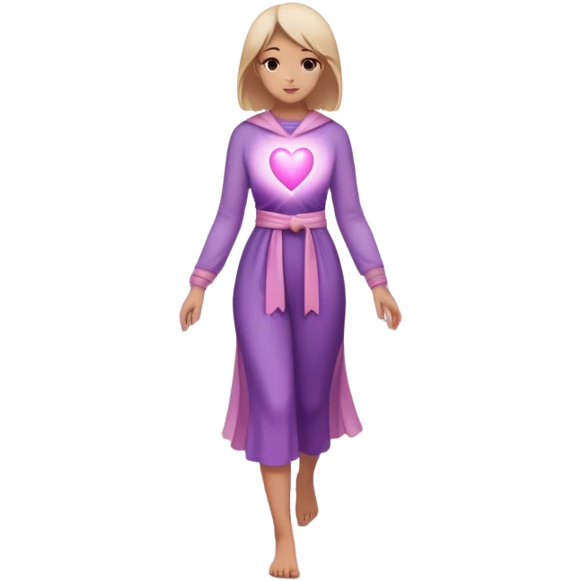 A small figure walks back across a foggy bridge, holding soft pink and purple orbs in each hand—symbolizing compassion and forgiveness. A gentle heart aura trails behind them, showing healing in motion. emoji