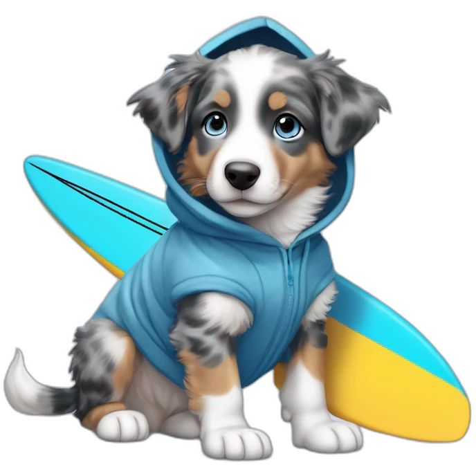 a 5 month old puppy, miniature American shepherd breed, blue merle color, with blue eyes, wearing a blue hooded sweatshirt and a surfboard under his arm emoji