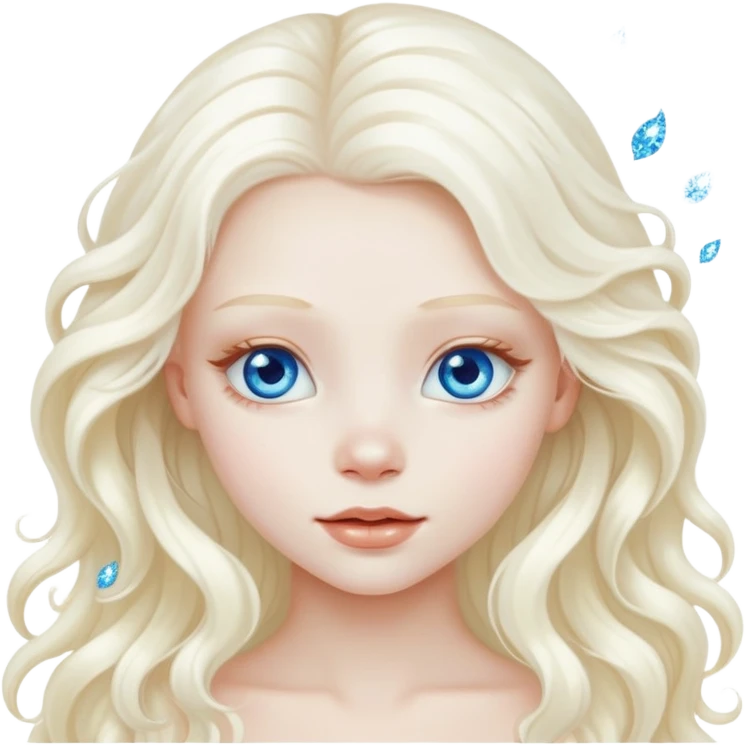 A beautiful albino girl with white long healthy and silky and wavy hair and blue sparkly eyes emoji