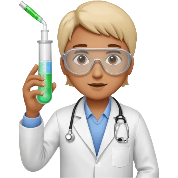 A person wearing safety goggles, a stethoscope, and a white coat. In one hand they hold a test tube containing chemicals and in the other a syringe. emoji