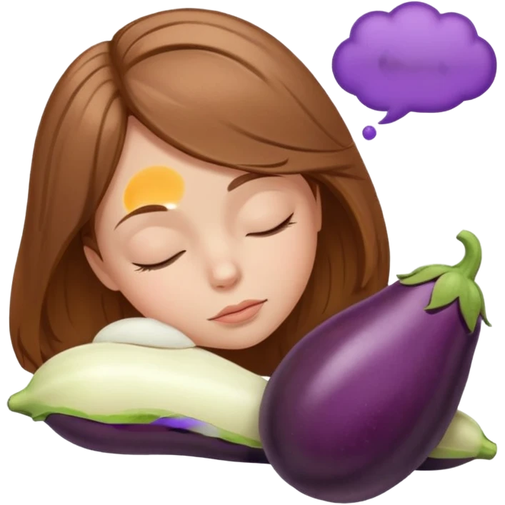 Girl with long light brown hair asleep thought bubble with eggplant in it emoji