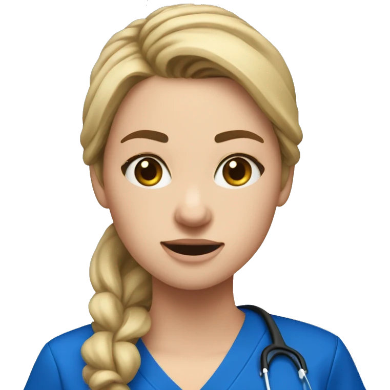 white female nursing school student in royal blue scrub top and royal blue scrub pants crying emoji