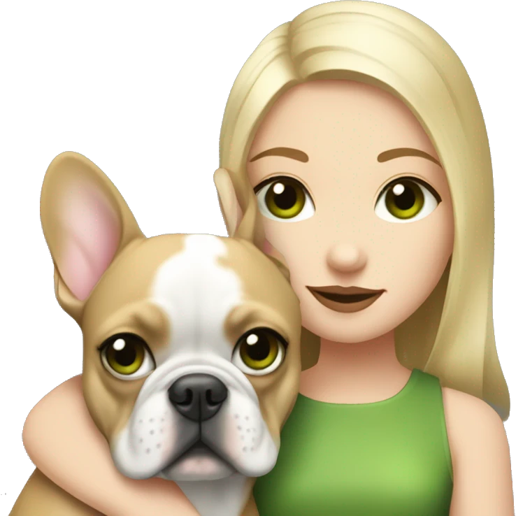 A blonde girl with green eyes with a square hugs a French bulldog with brown eyes and dark gray fur emoji