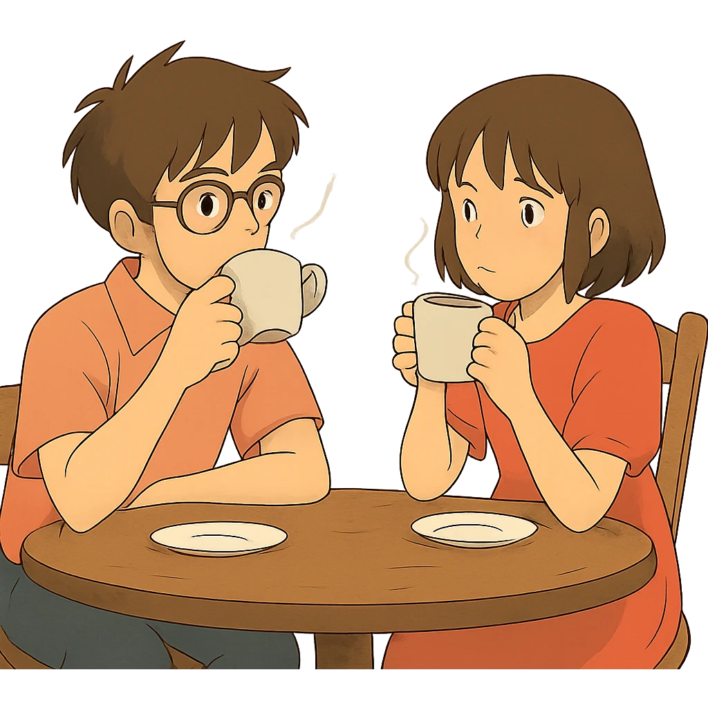 ghibli style boy and girl sitting at a table sipping coffee emoji