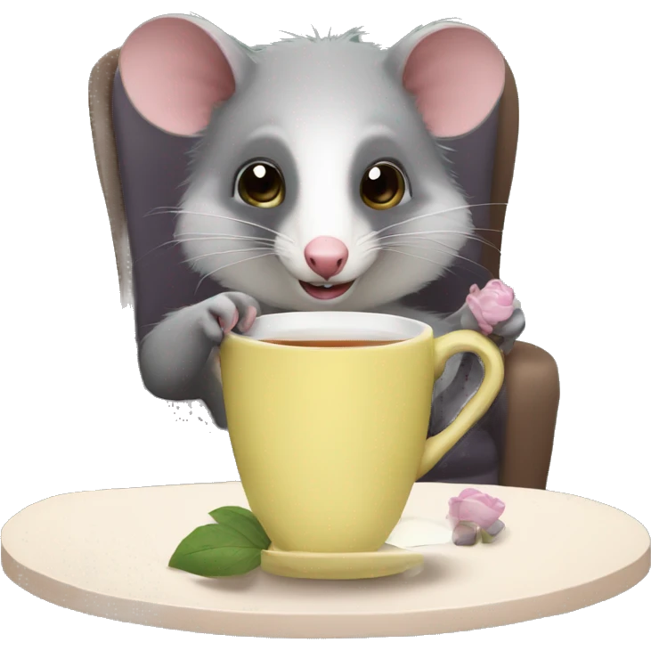 possum drinking tea looking at camera sitting in a chair emoji
